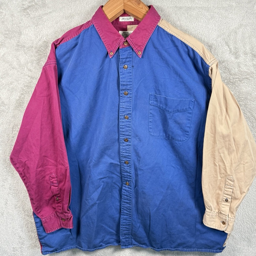 Cotton Club Color Block Button Up Shirt Mens Big Man 2X Blue VTG 90s Retro